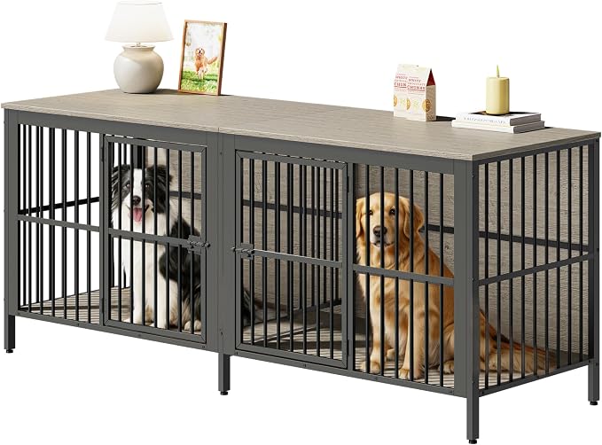 80'' Double Dog Crate Furniture for 2 Dogs, Large Dog Kennel Furniture Indoor as TV Stand, Wooden Dogs Cage Heavy Duty Kennel End Side Table for Living Room, Large & Medium Dogs, Grey