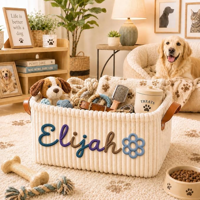 Personalized Pet Dog Cat Toy Storage Basket Bin with Embroidery Name & Icon | Custom Puppy Corduroy Storage Bins, Customized Dog Toy Box Organizer for Pet Supplies, Treats & Blankets, Pets Gifts Basket