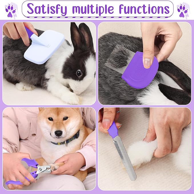 VCZONE 8 Pcs Small Animal Grooming Kit, Rabbit Grooming Kit with Pet Nail Clipper and File, Flea Comb, Pet Shampoo Bath Brush, Pet Shedding Slicker Brush, Bath Massage Glove, Cleaning Comb (Purple)