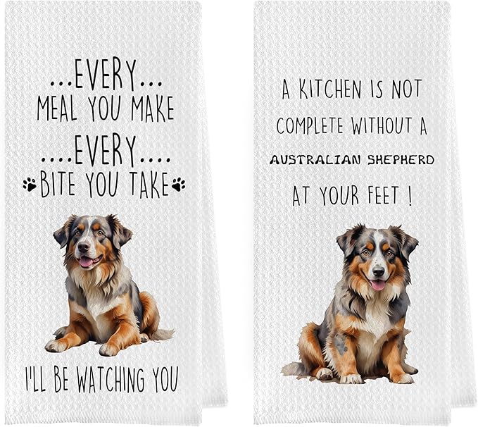Gqtt Australian Shepherd Dish Towels Set - Funny Decorative Waffle Kitchen Towels, Hand Tea Towels, Gifts (1624 Inches, Set of 2)