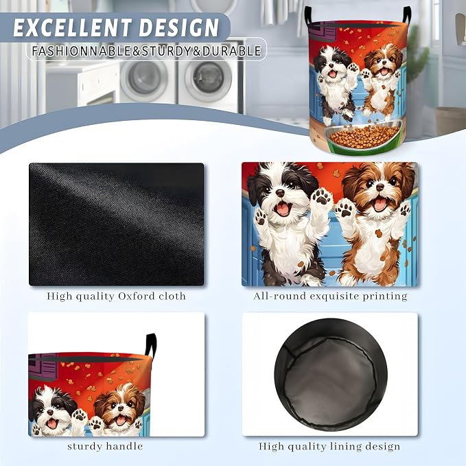 Funny Dog Laundry Basket, Puppy Pet Food Bowl Print Storage Hamper, Round Collapsible Waterproof Cloth Bin, 19.7x15.7 Inch Playful Clothes Organizer Gifts for Bathroom Decor
