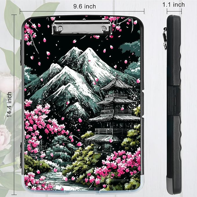 A4 Clipboard with Storage Pen Holder, Clipboards Organizer Nursing Clipboard Foldable File Folder Plastic Clipboard Folio Clip Board for Office Classroom Doctor, Sakura Dark Mountain Range