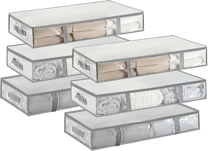 6 Pack Under Bed Storage Containers, Waterproof Material Plastic Underbed Storage Bins, Blanket/Clothes Storage Bags with Lid, Bedding Comforter/Sheet/Closet Organizer and Storage