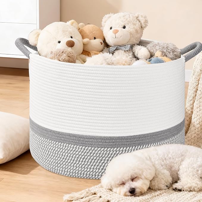 67L Large Blanket Basket, 20"x13" Blanket Basket Living Room, Woven Baskets With Handle, Toy Baskets for Blankets, Nursery, Dog, Pillow, Gift (White & Light Grey)