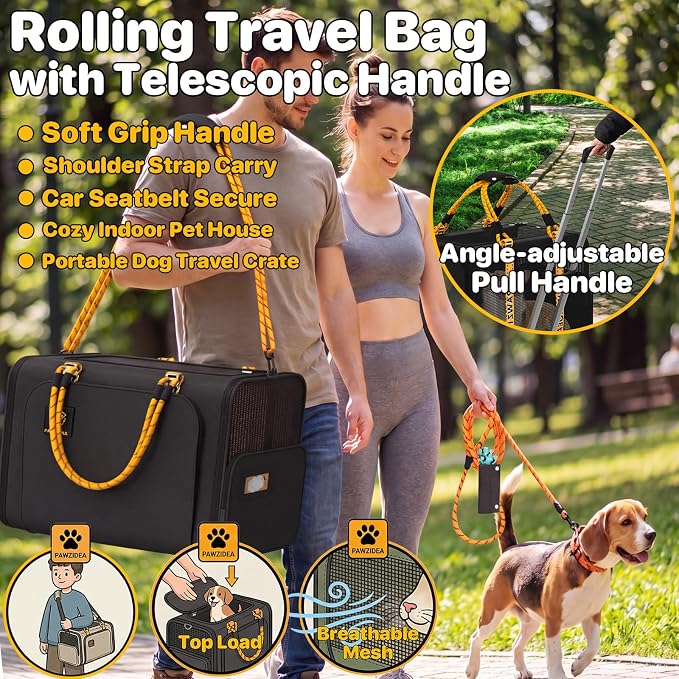 PAWZIDEA Expandable Large Pet Carrier with Wheels, 24x16x16 in Rolling Cat Carrier for 2–4 Cats up 55lb, Soft-Sided Collapsible Small Medium Dog Crate for Car Travel, Telescopic Handle, Storage Pocket