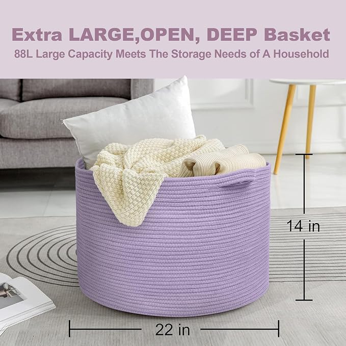 Purple Rope Storage Basket, 22" X 14" Large Woven Baskets, Jumbo Floor Bin for Throw Blankets Pillows, Baby Laundry Basket, Dirty Clothes Organizer, Big Storage Bin for Toys, Towels