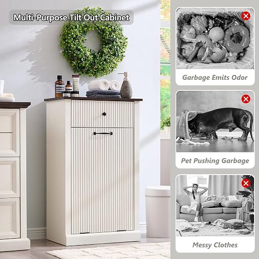 IFGET Tilt-Out Trash Can Cabinet, Laundry Hamper Cabinet, Antique White