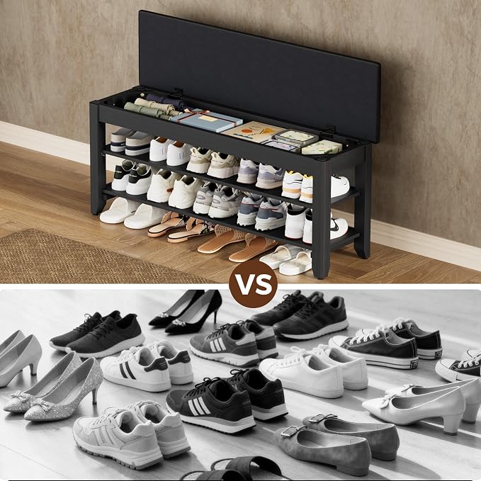 Homleke 39.4" Wide Solid Wood Shoe Rack Bench with Flip-Top Storage | 2-Tier Entryway Bench with Cushion, Adjustable Shelf, Holds Up to 10 Pairs, for Hallway, Bedroom and Closet, Black