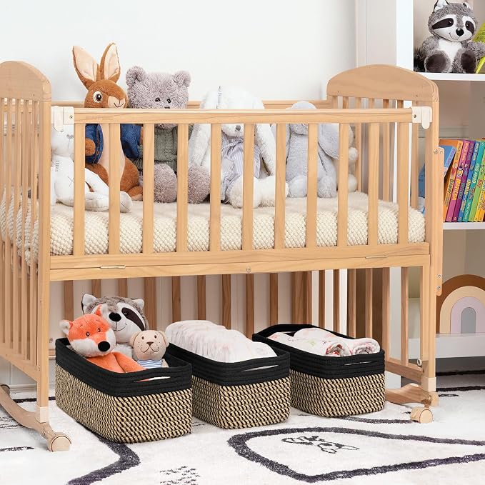Goodpick 3-Pack Wicker Storage Baskets for Shelves, 13 x 8 x 5 in | Woven Baskets for Shelves, Closet Organizer Bins, Empty Baskets for Gifts,Woven Basket for Play Room, Black & Jute