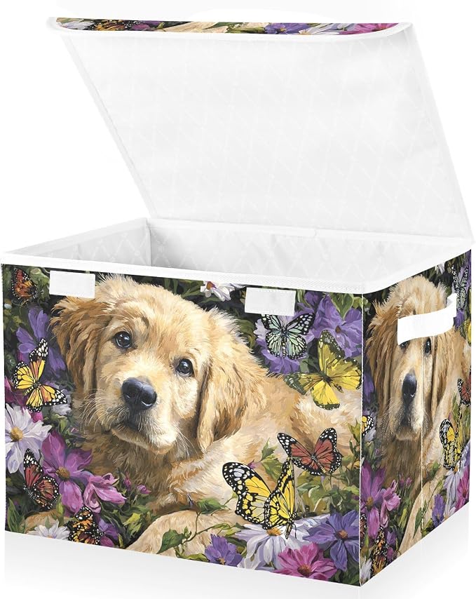 Storage Bins with Lid Dog Butterfly Pet Foldable Storage Boxes 40L Baskets | Decorative Storage Boxes, Dust-Proof Flip Top, Reinforced Handles, For Home & Bedroom, Clothes & Toy Box, Oxford Fabric Print
