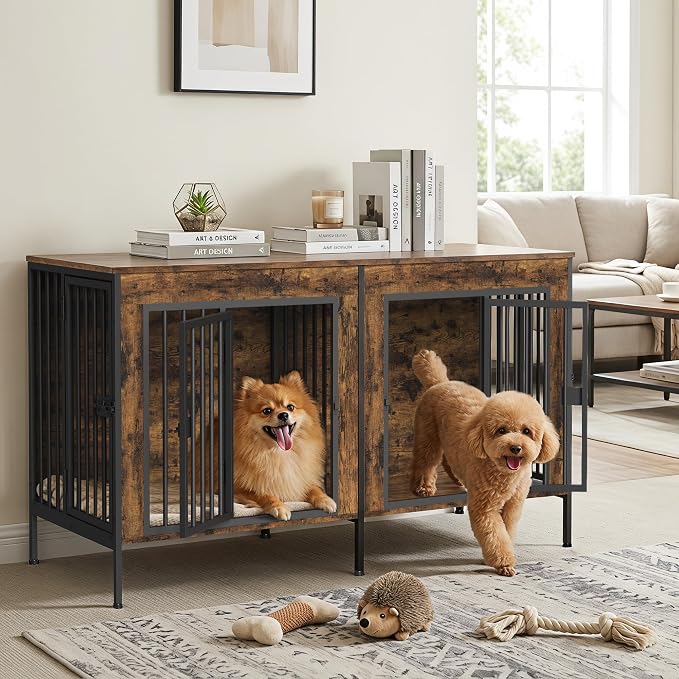 EasyCom 55" Wooden Double Dog Crate Furniture, Removable Divider, Brown | Raised Legs, For 1–2 Small to Medium Dogs, Multiuse TV, Plant & Display Stand
