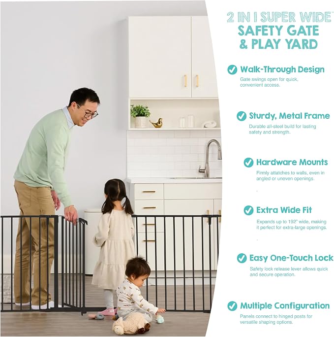 Regalo Safety 24"-192" Metal 2-in-1 Super Wide Baby Gate & Play Yard