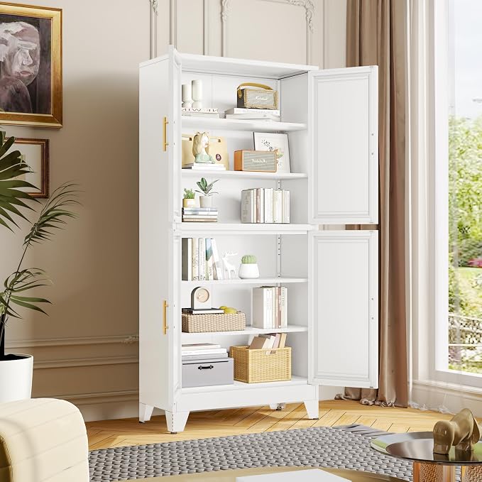 75" Tall Kitchen Pantry Cabinet, White Metal Pantry Storage | Storage Cabinet with Doors and 3 Adjustable Shelves, Steel Storage, Bathroom cabinets Organizer, Cupboard for Home, Office