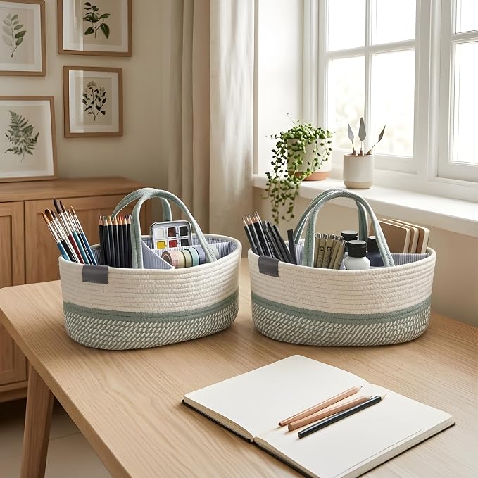 DECOMOMO Baby Caddy Organizer, Large Diaper Caddy Basket | Baby Baskets for Baby Shower (Sage Green & White)