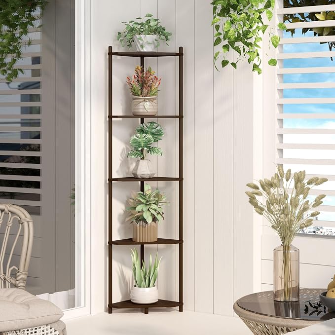 Wisuce Brown Tall Corner Shelf Stand, 5-Tier Bamboo Corner Bookshelf | Space-Saving Narrow Corner Shelf | Bathroom Corner Shelf | Shelves for Bedroom, Living Room, Kitchen & Plant Display