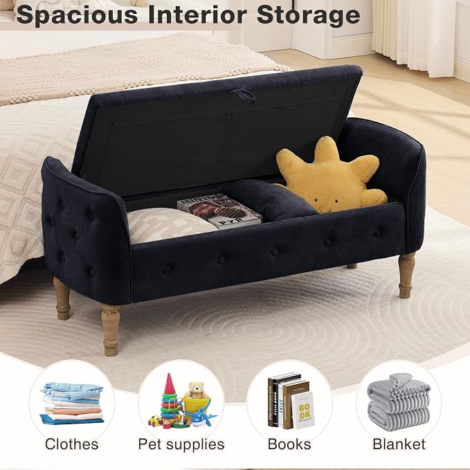End of Bed Storage Bench Queen Size,51'' Upholstered Bedroom Bench,Black | Linen Storage Bench for Bedroom End of Bed ,2 Cushion, Vintage Wood Legs ,Tufted,Storage Ottoman Bench for Entryway Window