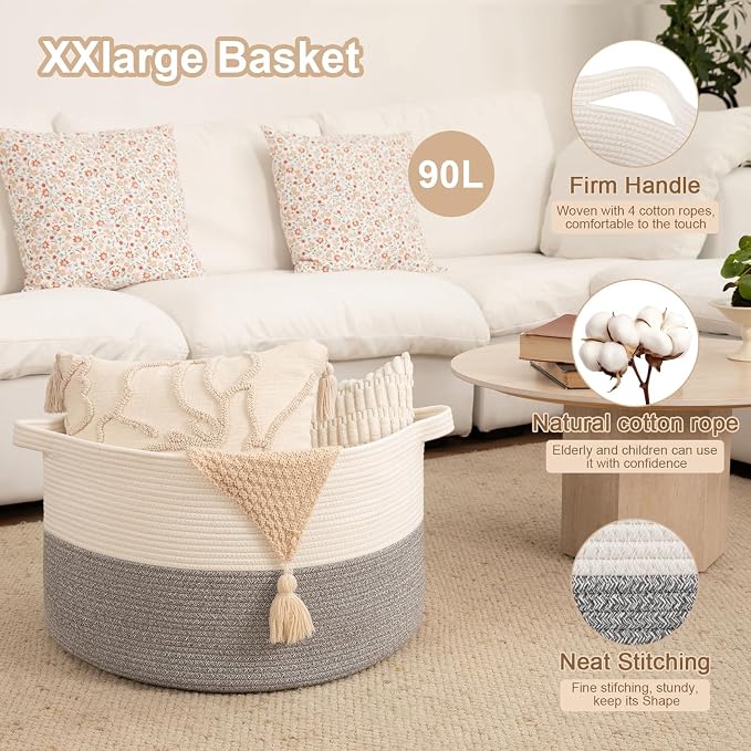 OIAHOMY 90L XXXLarge Blanket Basket for Living Room, 21.7" x 13.8" Woven Cotton Rope Laundry Basket for Organizing Pillows, Decorative Stuffed Animal Toy Storage for Nursery, White and Light Grey