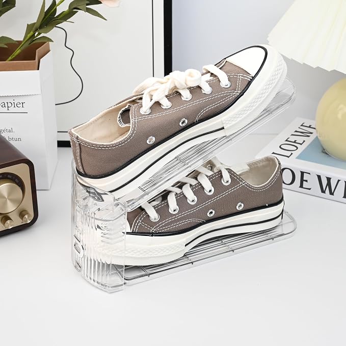 20-Pack Adjustable Shoe Slots Organizer for Closet, Clear | 20 transparent PET shoe stackers organize up to 20 pairs; 3 adjustable height levels for sneakers, heels, and flats.