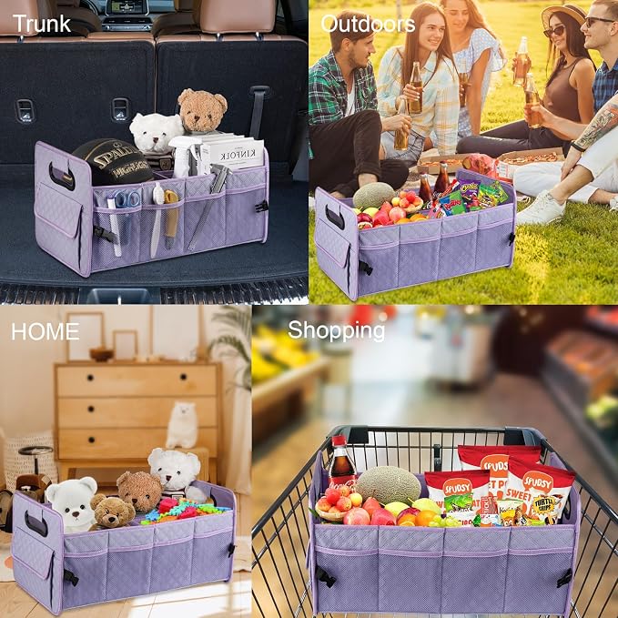 Car Trunk Organizer for SUV, Collapsible Car Storage Organizer Light Purple | Sturdy, Large Capacity, Diamond Decor, Multi Compartment Container Box Adjustable Car Accessories for Sedan Truck