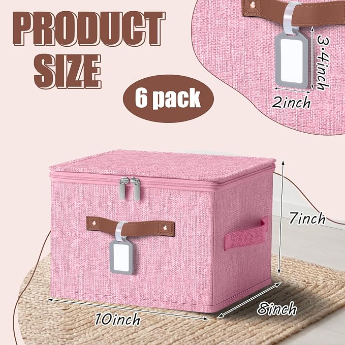 6 Pack Fabric Bins with Lids, 10 x 8 x 7 Inch Fabric Storage Bins with Zipper Lids and Labels, Decorative Foldable Storage Cubes with Handles for Closet Nursery Shelf Organization, Pink