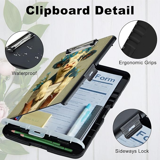 A4 Clipboard with Storage Pen Holder, Clipboards Organizer Nursing Clipboard Foldable File Folder Plastic Clipboard Folio Clip Board for Office Work Classroom Doctor, Cow Blue Flower