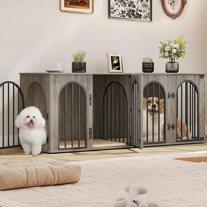 Hzuaneri 63" Double Dog Crate Furniture, Dog Kennel Indoor with Cushion | Heavy Duty Dog Crate Furniture for 2 Dogs,Dog Cage End Table TV Stand with Divider for Med-Large Dogs,Greige Black DFC80905B