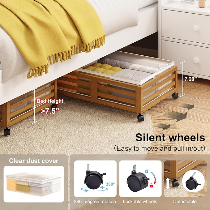 Under Bed Storage with Wheels, 2 Pack Bamboo Drawers for Shoes and Clothes | Fitted dustproof bags, stackable design, smooth pullout access for bedding, blankets, toys and seasonal essentials