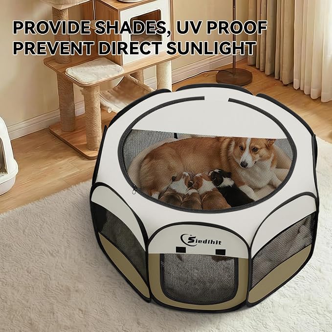 Siedihit Dog Cat Playpen, Medium Puppy Pet Playpen, Dog Crate Tent Cage | Indoor/Outdoor, Portable Pop Up Dogs Kennel Playpen with Carrying Case for Dogs/Cats/Rabbits (Khaki,Medium)