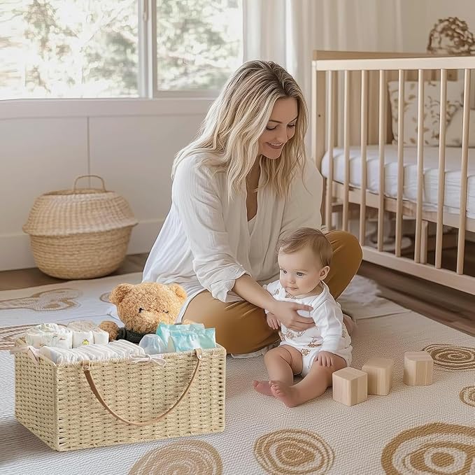 HBlife Large Baby Diaper Caddy Organizer, Paper Rope Storage Baskets Nursery Bin with Removable Divider, Portable Car Organizer for Diapers, Baby Shower Gifts, Newborn Essentials Must Haves