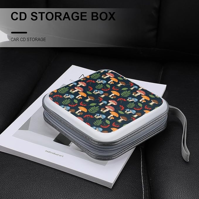 Hard Plastic Protective CD Case Mushroom Art, 40-Disc Capacity Storage Binder with Zipper, Portable Organizer for Home Office