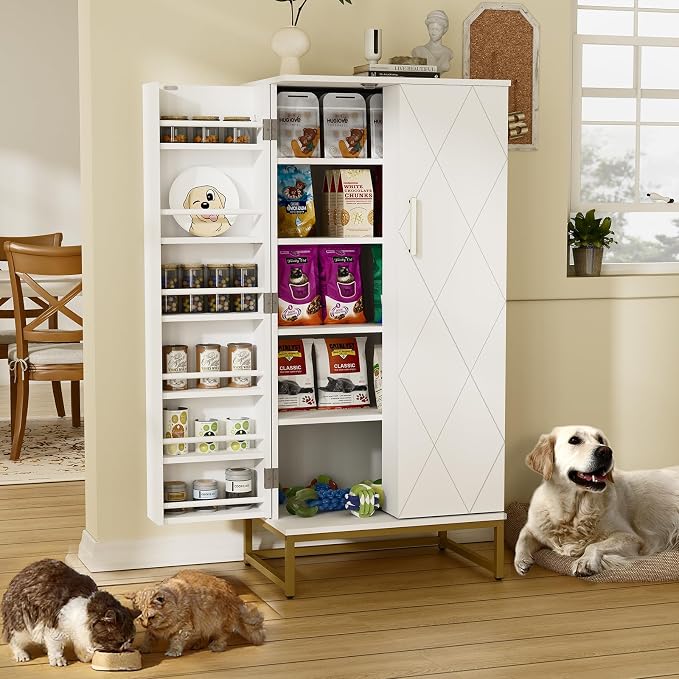 Saudism 51" Dog Food Storage Cabinet with Adjustable Shelves, White | Freestanding Pet Storage Container Organizer for Living Room and Dinning Room