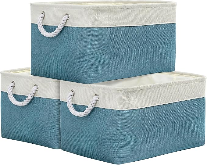Storage Baskets for Organizing - Extra Large 3 Pack 17x14x10 inch Storage Bins for Shelves Closet Nursery Bathroom Bedroom Baby Clothes Dog Toy Home Organization (White & Green)