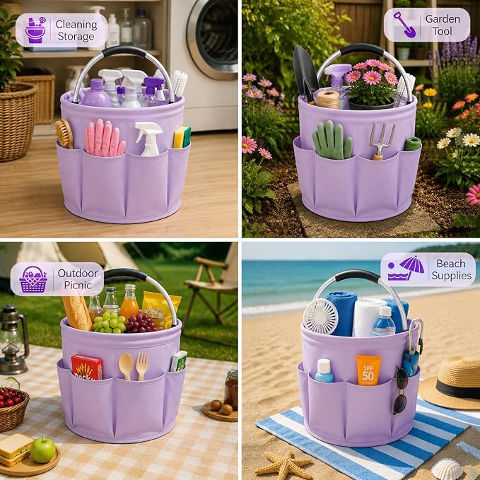 Cleaning Caddy with Handle, 17L Foldable Storage Basket, Heavy Duty 600D Oxford Cloth Organizer, Portable Supply Bag, Multi-Purpose Supplies Caddy for Home, Bathroom, Kitchen, Garden - Purple