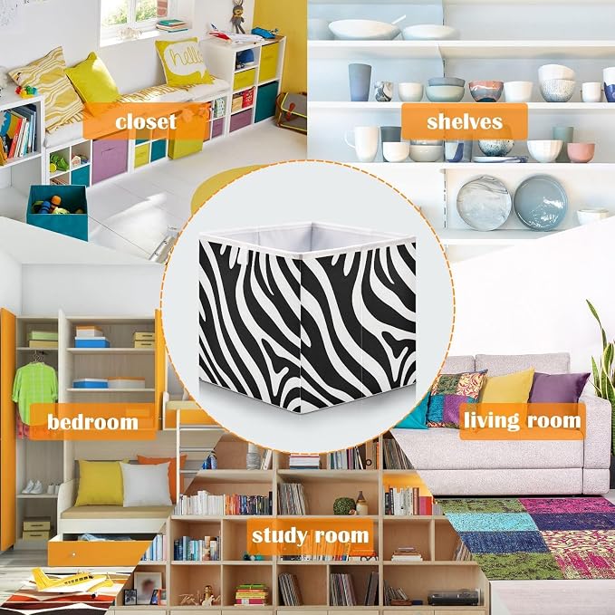 Black and White Zebra Print Cube Storage Bins Collapsible Fabric Storage Baskets Large Clothes Organizer Box for Bedroom Living Room Study Room 11×11×11 In