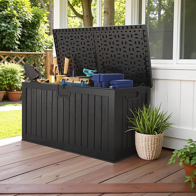 Devoko HDPE 240 Gallon Deck Box Double-Wall with Divider | Large Outdoor Storage Box Side Handles, Waterproof and Lockable for Patio Furniture, Garden, Pool
