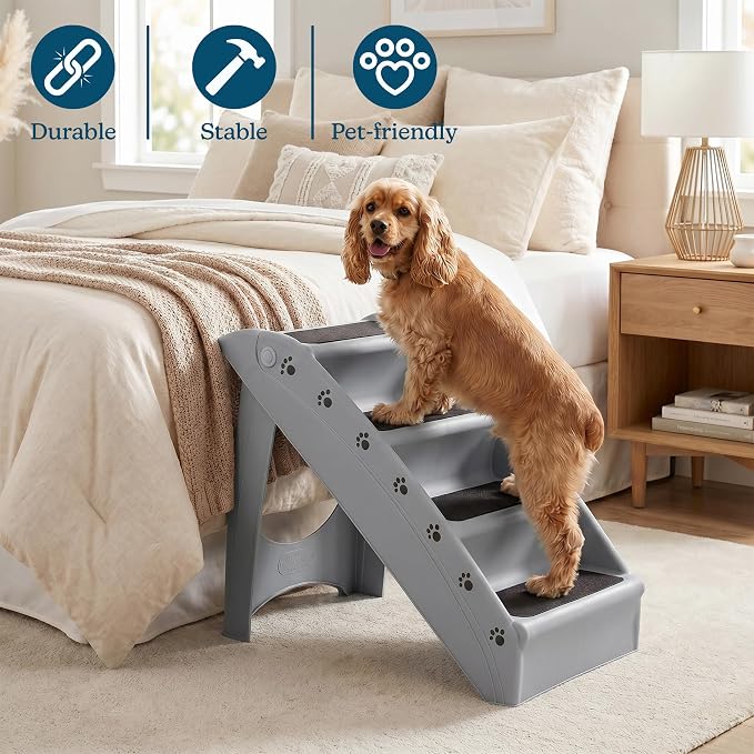 PETMAKER Lightweight Durable Plastic Dog Stairs, Gray, 23.25” x 15” x 19” | Foldable Pet Stairs with 4-Step Design for Bed, Couch, Car, Pet Steps with Non-Slip Carpeted Pads for Small Dogs and Cats