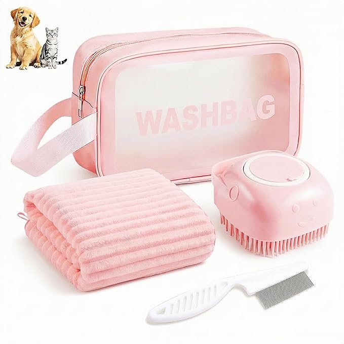 4PCS Dog Bath Kit & Dog Brush Kit - Professional Pet Grooming Tools Set for Dogs & Cats, Includes Shedding Brush, Bath Scrubber & Dematting Combs - Complete Dog Washing Essentials Pink