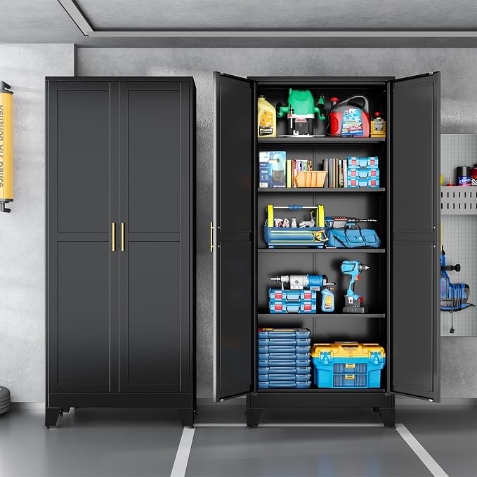Black Metal Storage Cabinet,75" Steel Cabinets for Home Office | Kitchen Pantry Storage Cabinet with Doors and 5 Adjustable Shelves, Tool Cabinets, for Office, Home, Garage, School