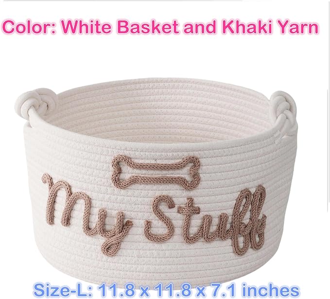 JUPPE Pet Dog Basket with Personalized Name, Dog Toys Storage Organizer Custom Cotton Rope Basket Nursery Decor (White pet basket)