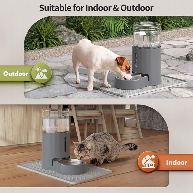 JUNSPOW Cat Water Dispenser with Filter and Stainless Steel Bowl, Automatic Gravity Water Dispenser for Cats or Small Medium Size Dogs, Large Capacity, Easy to Clean and Safe for Pets (4L Grey)