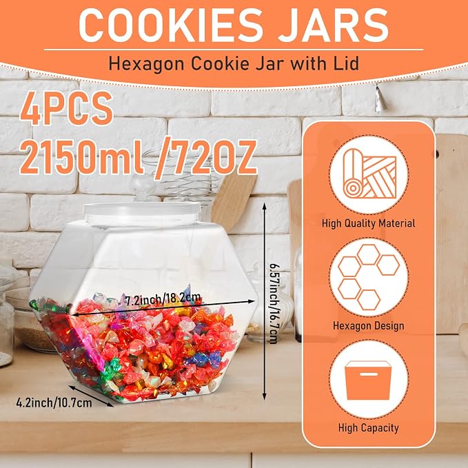 EBOOT 4 Pieces 70 oz Plastic Candy Jars Clear Cookie Jars bulk for Kitchen Counter Hexagon Cookie Jar with Lid Laundry Pod Storage Container Dry Food for Buffet Snack Craft Supplies
