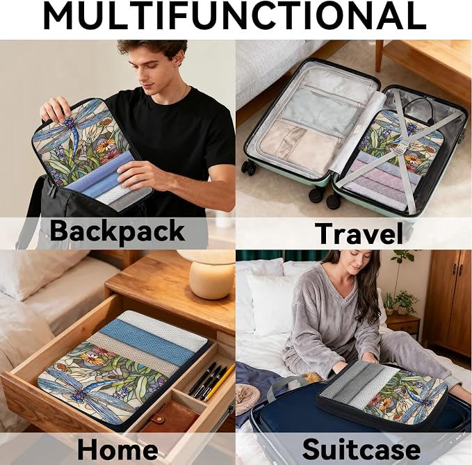Dragonfly 6 Set Compression Packing Cubes Stained Glass Style Flowers Expandable Packing Organizer for Travel Accessories Luggage Suitcase Bag