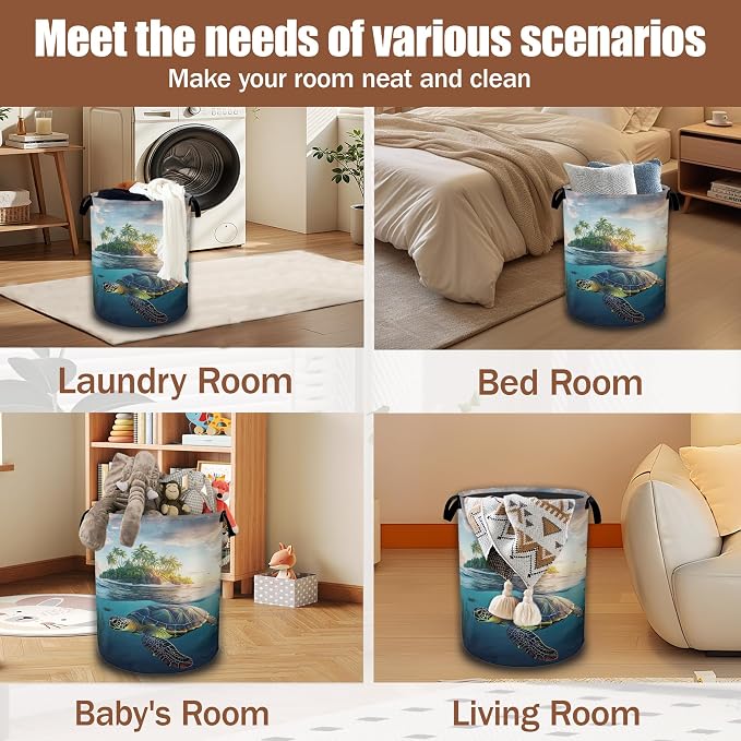 Sea Turtle Tropical Island Laundry Hamper,Laundry Baskets,Waterproof Oxford Cloth Toy Storage for Bedroom,Bathroom,Nursery,16x20.8 Inch