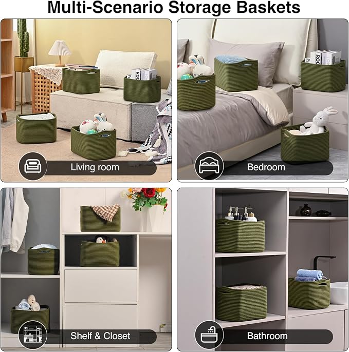 ICERZCZ Storage Basket for Shelves, Small Baskets for Organizing, Woven Cotton Rope Baskets for Storage, Book Basket, Decorative Shelf Basket, 12.5"Lx9.1''Wx7.9''H (4 Packs) Green