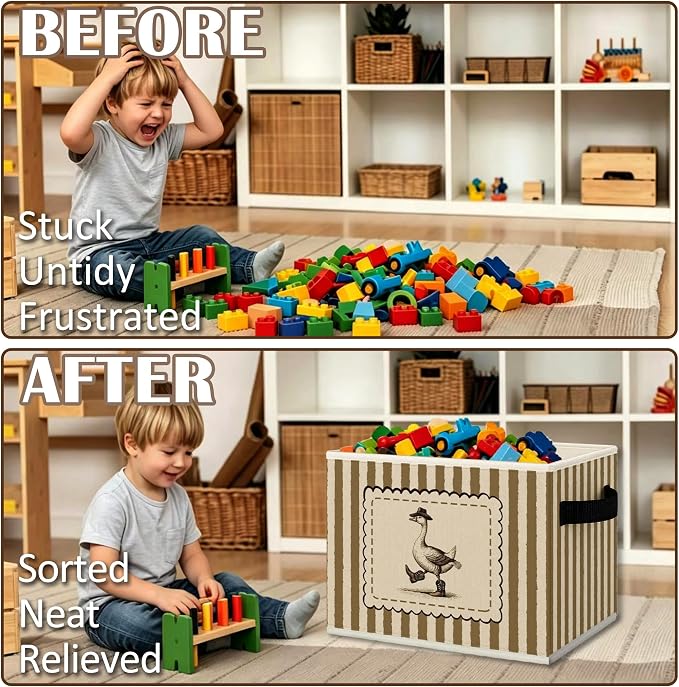 Western Cowboy Goose Nursery Cube Storage Bins with Handles, Farm Animal Nursery Collapsible Fabric Storage Basket Boxes Books Clothes Organizer for Kids Boys Room Bedroom Bathroom