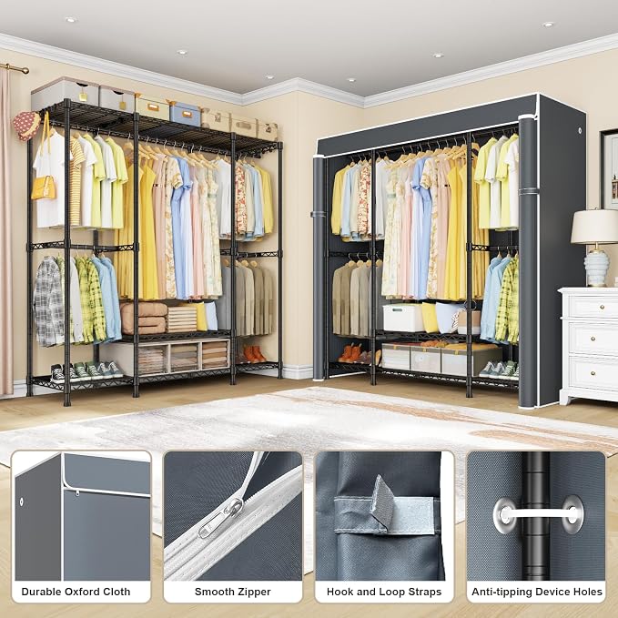 E3C Black Clothes Rack with Gray Cover, Heavy Duty Garment Rack | Freestanding Metal Closet System Storage Organizer for Clothing, Clothing Rack Holds up to 850 lbs, 59.5"W x 16.5"D x 77.4"H