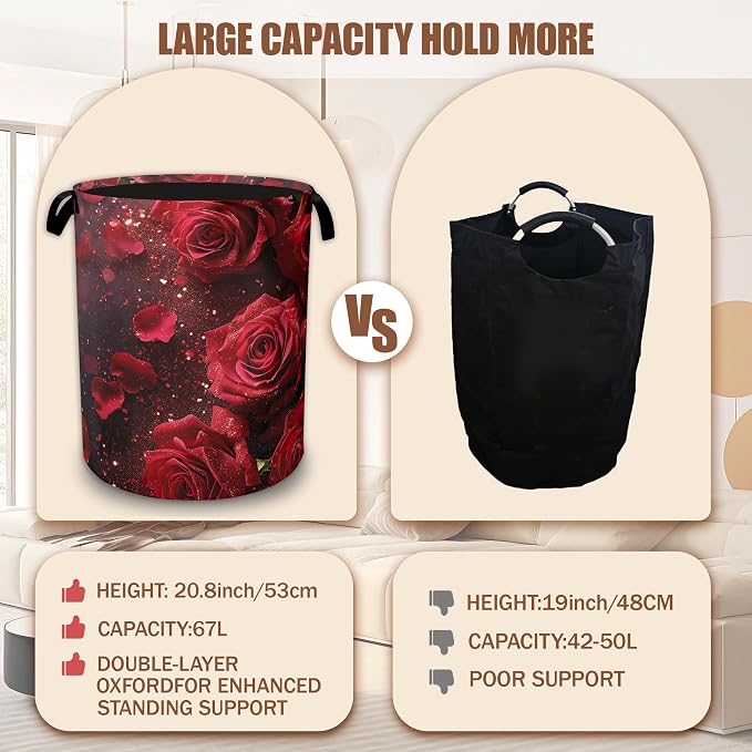 Red Rose Laundry Baskets,Laundry Hamper,Storage Basket with Handles for Bathroom Bedroom College Dormitory Living Room Nursery Organizer 16"x20.8"