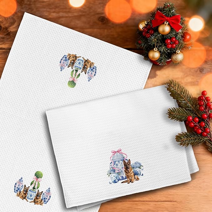 German Shepherd Gifts Kitchen Towels, Blue and White Porcelain Chinoiserie German Shepherd Dish Tea Towels, Grandmillennial Hydrangea Dog Decorative Hand Towel for Bathroom, 16x24 Inch Set of 2