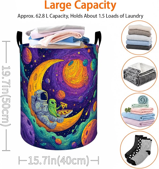 Astronaut and Alien Laundry Basket, Cartoon Space Oxford Cloth Dirty Clothes Collapsible Hamper for Room Decor, Cosmic Lovers Gifts, Toy Organizer 19.7 x 15.7 Inches for Bedroom Bathroom Dorm