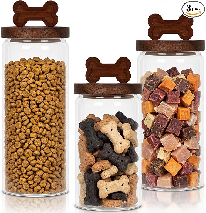 3 Pcs Glass Dog Treat Container, Dog Food Jar with Wooden Lid | 3 Large Sizes, Airtight Pet Treat Storage Container, for Kitchen Counter, Treats Canister, Doggie Cookie, Pets